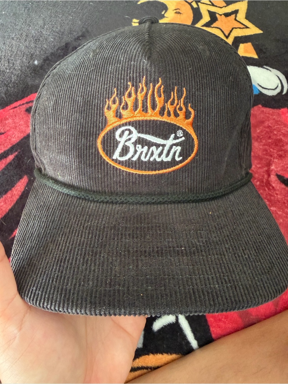 Brixton Black Corduroy Hat with Orange Flame Logo